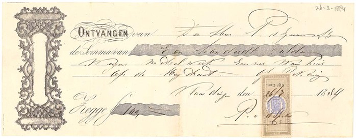 Kwitantie per 26-3-1884 van P. van der Spek voor P. de Zeeuw te Vlaardingen voor f. 100,-- wegens metselwerk